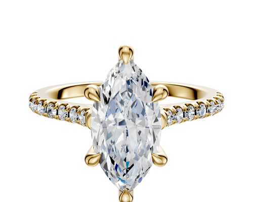 14K Yellow Gold 6 Prong Hidden Halo Cathedral Dome 1-Row-Pave 2.5mm Engagement Ring