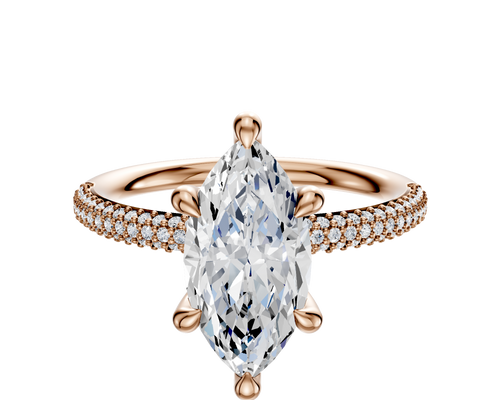 18K Rose Gold 6 Prong Hidden Halo Classic Dome 3-Row-Pave 2.0mm Engagement Ring