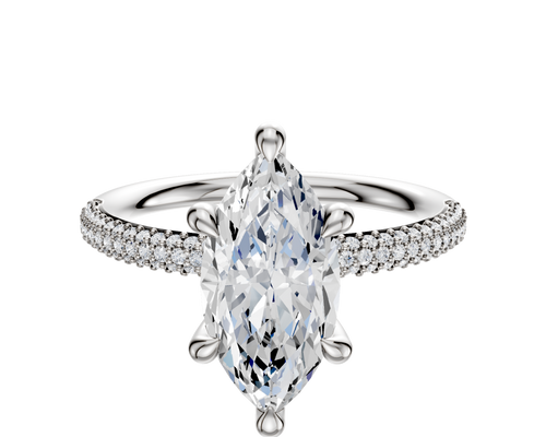 14K White Gold 6 Prong Hidden Halo Classic Dome 3-Row-Pave 2.0mm Engagement Ring
