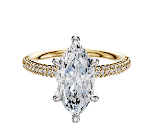 14K Two Tone 6 Prong Hidden Halo Classic Dome 3-Row-Pave 2.0mm Engagement Ring