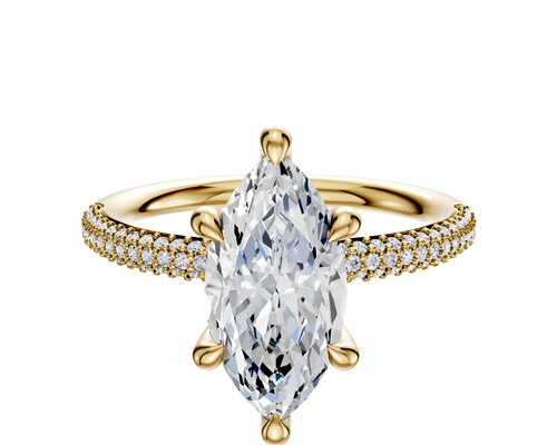 18K Yellow Gold 6 Prong Hidden Halo Classic Dome 3-Row-Pave 2.0mm Engagement Ring