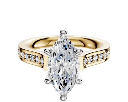 18K Two Tone 6 Prong Hidden Halo Cathedral Flat 1-Row-Pave 2.5mm Engagement Ring