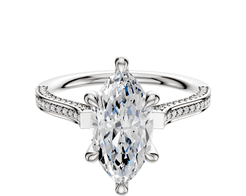 14K White Gold 6 Prong Hidden Halo Cathedral Flat 3-Row-Pave 2.0mm Engagement Ring