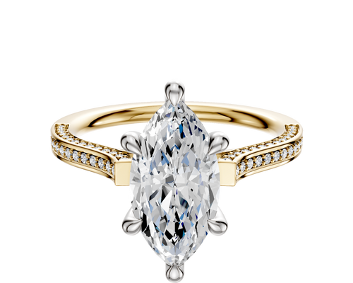 18K Two Tone 6 Prong Hidden Halo Cathedral Flat 3-Row-Pave 2.0mm Engagement Ring