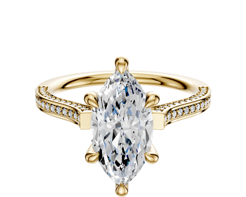 14K Yellow Gold 6 Prong Hidden Halo Cathedral Flat 3-Row-Pave 2.0mm Engagement Ring