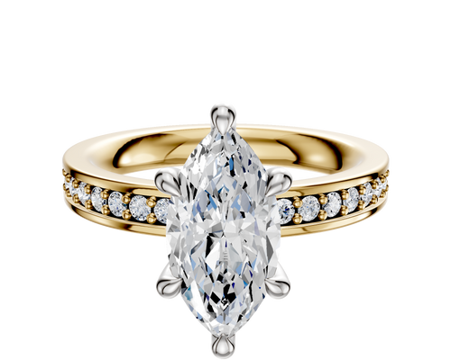 18K Two Tone 6 Prong Hidden Halo Classic Flat 1-Row-Pave 2.5mm Engagement Ring