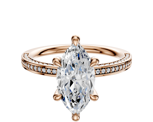 18K Rose Gold 6 Prong Hidden Halo Classic Flat 3-Row-Pave 2.0mm Engagement Ring