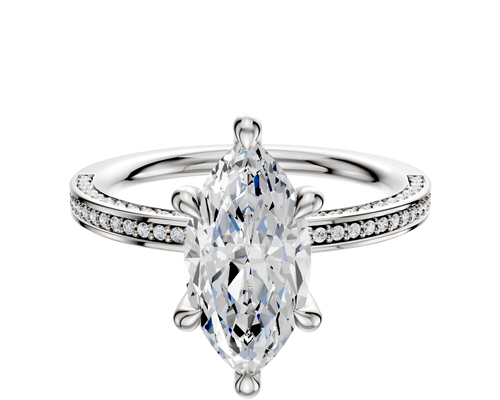 14K White Gold 6 Prong Hidden Halo Classic Flat 3-Row-Pave 2.0mm Engagement Ring