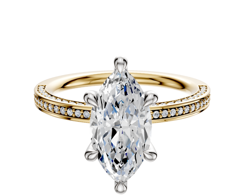 14K Two Tone 6 Prong Hidden Halo Classic Flat 3-Row-Pave 2.0mm Engagement Ring