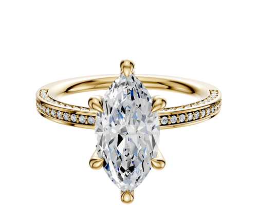 14K Yellow Gold 6 Prong Hidden Halo Classic Flat 3-Row-Pave 2.0mm Engagement Ring