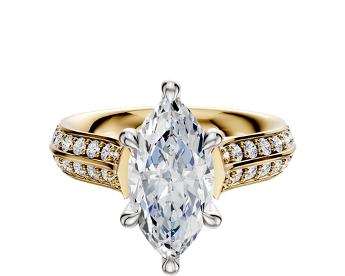 18K Two Tone 6 Prong Hidden Halo Cathedral Knife Edge 1-Row-Pave 2.5mm Engagement Ring