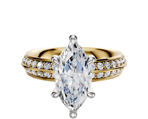18K Two Tone 6 Prong Hidden Halo Classic Knife Edge 1-Row-Pave 2.5mm Engagement Ring