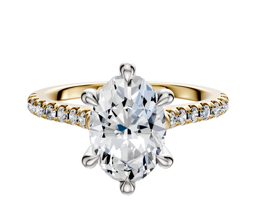 18K Two Tone 6 Prong Hidden Halo Cathedral Dome 1-Row-Pave 2.5mm Engagement Ring