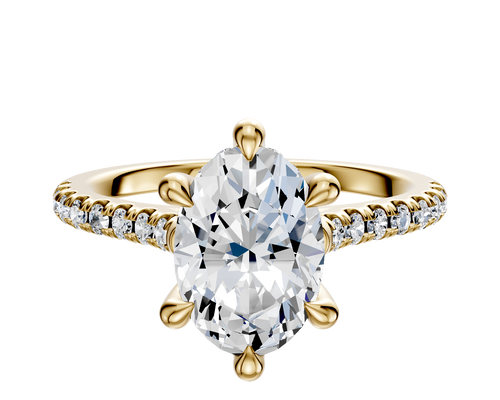 18K Yellow Gold 6 Prong Hidden Halo Cathedral Dome 1-Row-Pave 2.5mm Engagement Ring