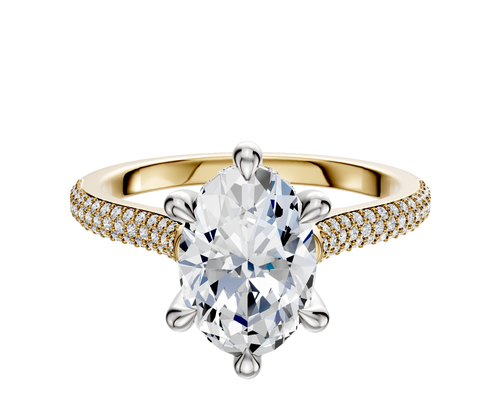 14K Two Tone 6 Prong Hidden Halo Cathedral Dome 3-Row-Pave 2.0mm Engagement Ring