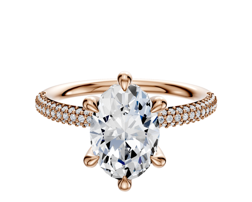 18K Rose Gold 6 Prong Hidden Halo Classic Dome 3-Row-Pave 2.0mm Engagement Ring