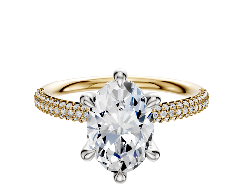 18K Two Tone 6 Prong Hidden Halo Classic Dome 3-Row-Pave 2.0mm Engagement Ring