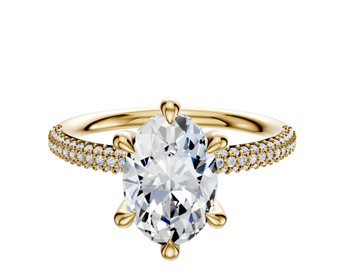 14K Yellow Gold 6 Prong Hidden Halo Classic Dome 3-Row-Pave 2.0mm Engagement Ring