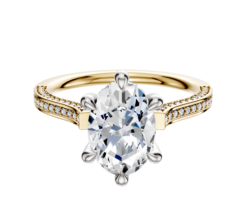 14K Two Tone 6 Prong Hidden Halo Cathedral Flat 3-Row-Pave 2.0mm Engagement Ring