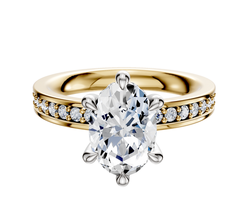 18K Two Tone 6 Prong Hidden Halo Classic Flat 1-Row-Pave 2.5mm Engagement Ring