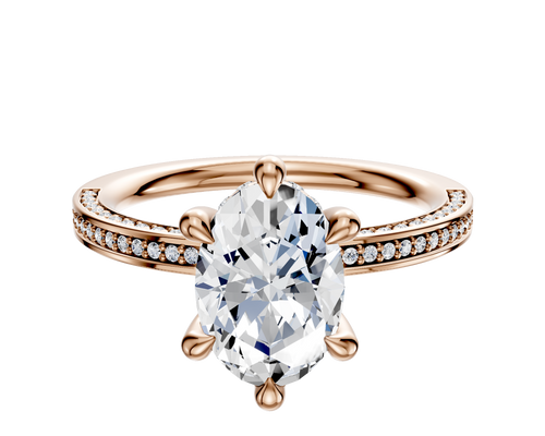 18K Rose Gold 6 Prong Hidden Halo Classic Flat 3-Row-Pave 2.0mm Engagement Ring