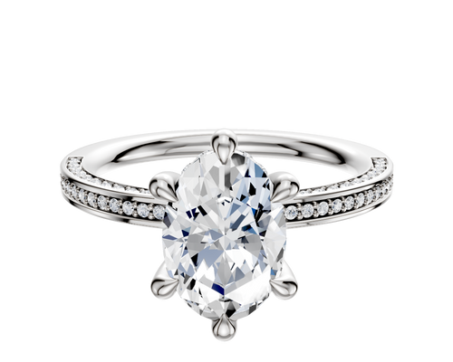 18K White Gold 6 Prong Hidden Halo Classic Flat 3-Row-Pave 2.0mm Engagement Ring