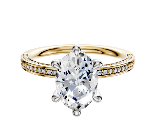 18K Two Tone 6 Prong Hidden Halo Classic Flat 3-Row-Pave 2.0mm Engagement Ring