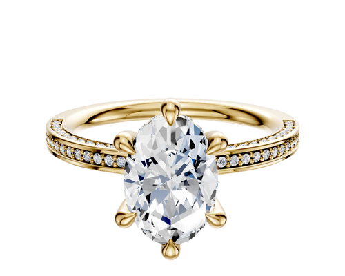 18K Yellow Gold 6 Prong Hidden Halo Classic Flat 3-Row-Pave 2.0mm Engagement Ring