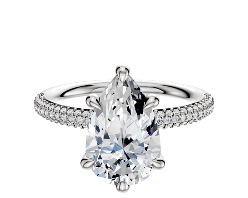 14K White Gold 6 Prong Hidden Halo Classic Dome 3-Row-Pave 2.0mm Engagement Ring