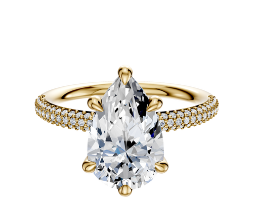 14K Yellow Gold 6 Prong Hidden Halo Classic Dome 3-Row-Pave 2.0mm Engagement Ring
