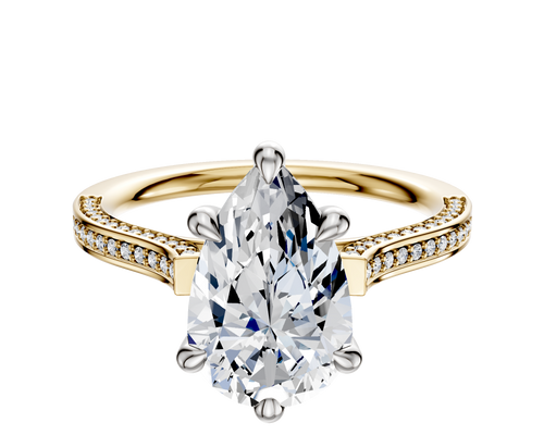 14K Two Tone 6 Prong Hidden Halo Cathedral Flat 3-Row-Pave 2.0mm Engagement Ring
