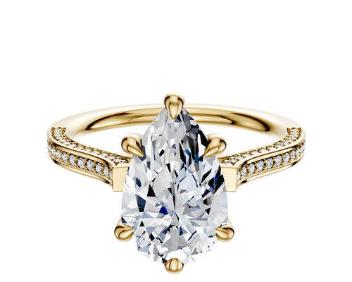 18K Yellow Gold 6 Prong Hidden Halo Cathedral Flat 3-Row-Pave 2.0mm Engagement Ring