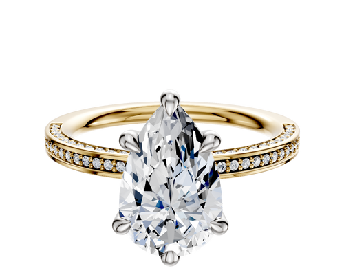 18K Two Tone 6 Prong Hidden Halo Classic Flat 3-Row-Pave 2.0mm Engagement Ring