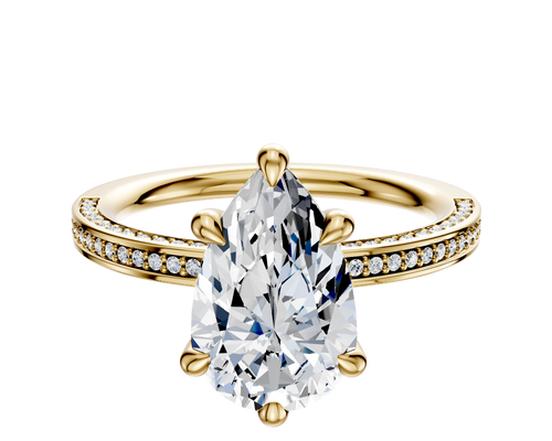 14K Yellow Gold 6 Prong Hidden Halo Classic Flat 3-Row-Pave 2.0mm Engagement Ring