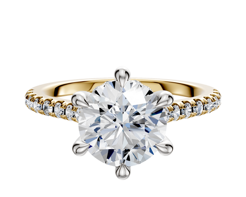 14K Two Tone 6 Prong Hidden Halo Cathedral Dome 1-Row-Pave 2.5mm Engagement Ring