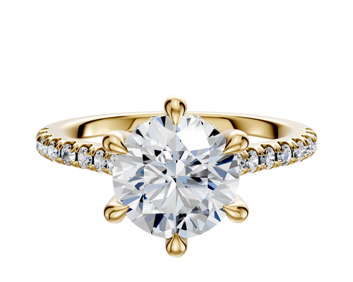 14K Yellow Gold 6 Prong Hidden Halo Cathedral Dome 1-Row-Pave 2.5mm Engagement Ring