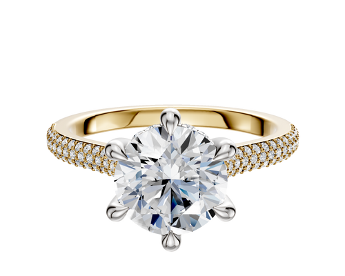 14K Two Tone 6 Prong Hidden Halo Cathedral Dome 3-Row-Pave 2.0mm Engagement Ring