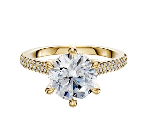 14K Yellow Gold 6 Prong Hidden Halo Cathedral Dome 3-Row-Pave 2.0mm Engagement Ring