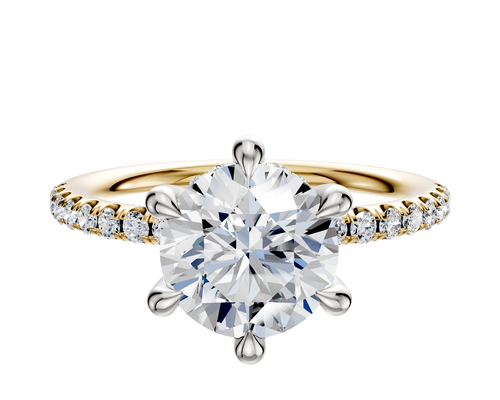 18K Two Tone 6 Prong Hidden Halo Classic Dome 1-Row-Pave 2.5mm Engagement Ring