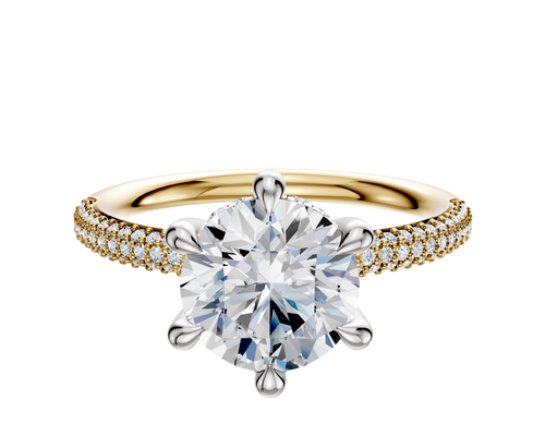 14K Two Tone 6 Prong Hidden Halo Classic Dome 3-Row-Pave 2.0mm Engagement Ring