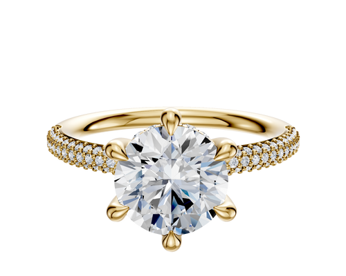 18K Yellow Gold 6 Prong Hidden Halo Classic Dome 3-Row-Pave 2.0mm Engagement Ring