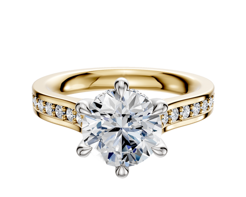 14K Two Tone 6 Prong Hidden Halo Cathedral Flat 1-Row-Pave 2.5mm Engagement Ring