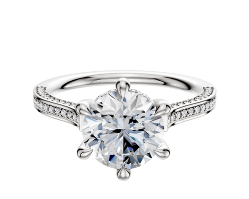 18K White Gold 6 Prong Hidden Halo Cathedral Flat 3-Row-Pave 2.0mm Engagement Ring