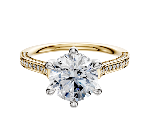 14K Two Tone 6 Prong Hidden Halo Cathedral Flat 3-Row-Pave 2.0mm Engagement Ring