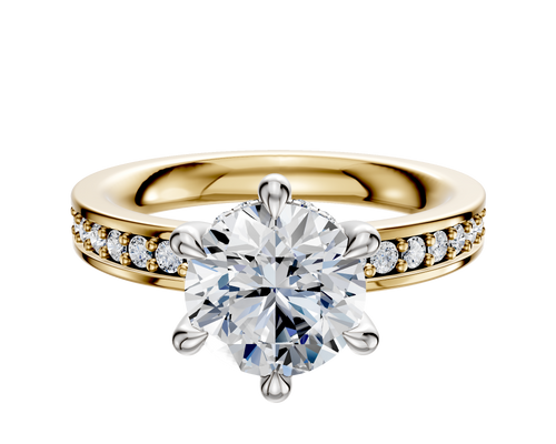 18K Two Tone 6 Prong Hidden Halo Classic Flat 1-Row-Pave 2.5mm Engagement Ring