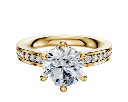 14K Yellow Gold 6 Prong Hidden Halo Classic Flat 1-Row-Pave 2.5mm Engagement Ring