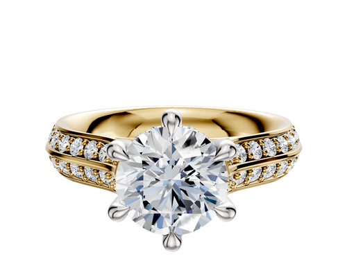 18K Two Tone 6 Prong Hidden Halo Cathedral Knife Edge 1-Row-Pave 2.5mm Engagement Ring