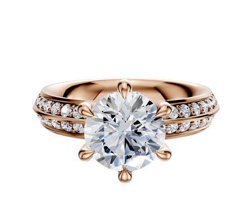 18K Rose Gold 6 Prong Hidden Halo Classic Knife Edge 1-Row-Pave 2.5mm Engagement Ring