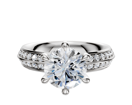 14K White Gold 6 Prong Hidden Halo Classic Knife Edge 1-Row-Pave 2.5mm Engagement Ring