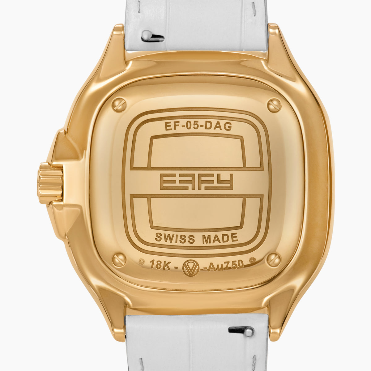 Introducing the 39MM Swiss Made 18K Yellow Gold Watch with Diamonds and Rainbow Gemstones, featuring a square face, diamond-encrusted bezel with multicolored gems, and a white textured leather strap.